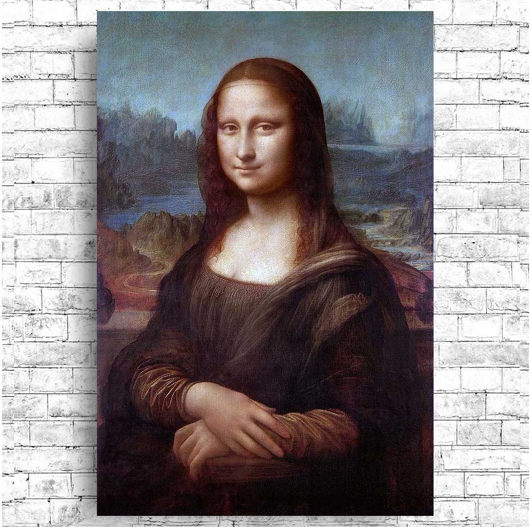 A framed print of Leonardo di Vinci's famous painting, the Mona Lisa, with a black border around the image.