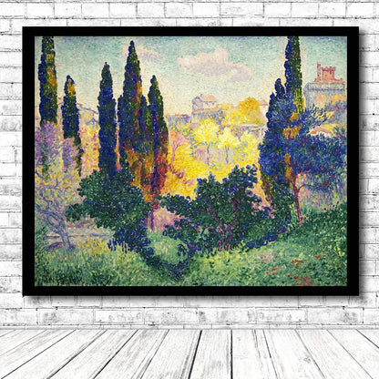 A framed art print of a landscape featuring cypress trees, with a predominantly green, yellow, and blue color palette.