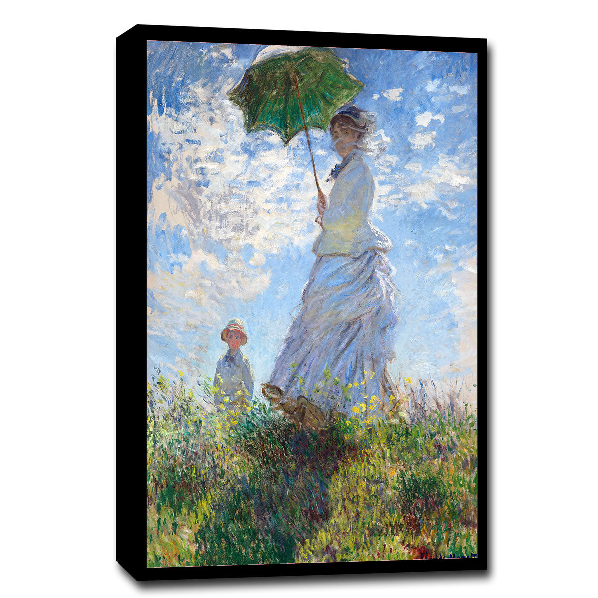 A framed print of 'Madame Monet and Her Son (1875)' by Claude Monet, depicting a woman with a parasol and a child in a grassy field.