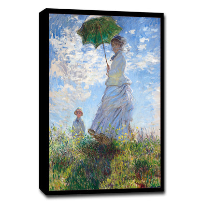 A framed print of 'Madame Monet and Her Son (1875)' by Claude Monet, depicting a woman with a parasol and a child in a grassy field.