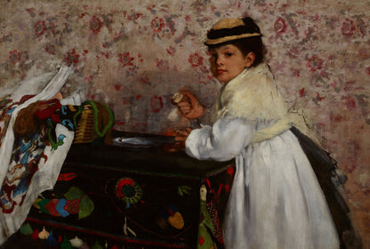 A framed print of 'Mademoiselle Hortense' by Edgar Degas, depicting a young girl in historical clothing, set against a patterned background.