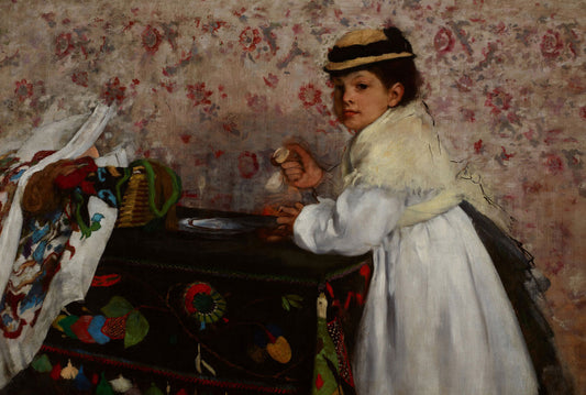 A framed print of 'Mademoiselle Hortense' by Edgar Degas, depicting a young girl in historical clothing, set against a patterned background.