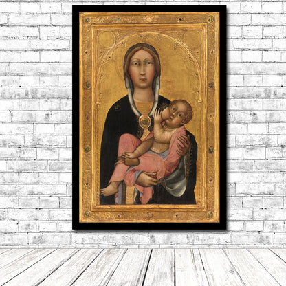 A printed artwork depicting the Madonna and Child, with the child resting in his mother's lap, set against a golden background, framed in a simple black frame.
