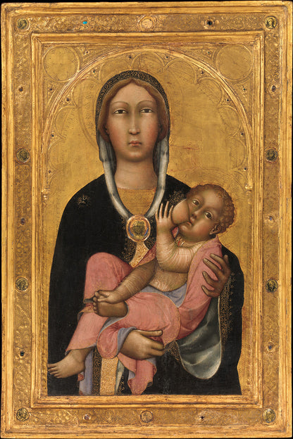 A printed artwork depicting the Madonna and Child, with the child resting in his mother's lap, set against a golden background, framed in a simple black frame.
