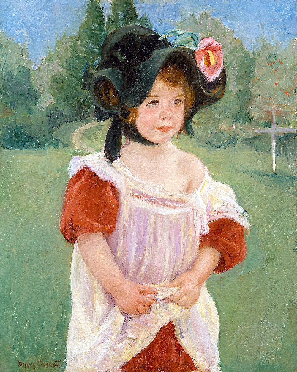 Painting of a young girl in a garden wearing a decorative hat.