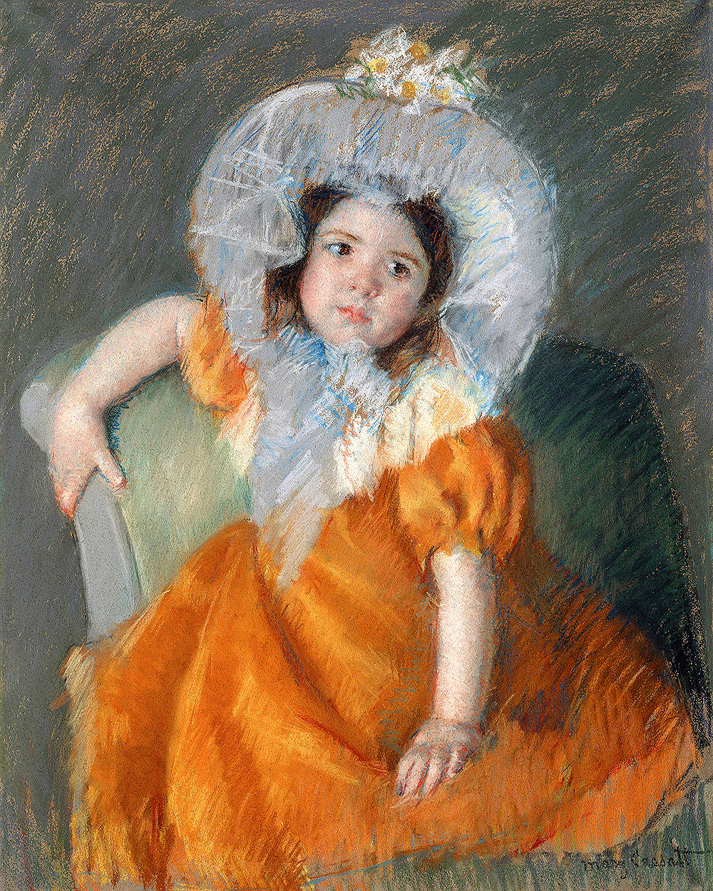 Pastel drawing of a child in an orange dress with a white bonnet.