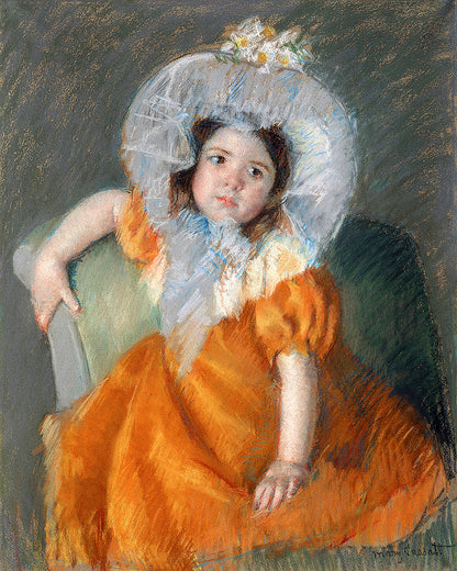 Pastel drawing of a child in an orange dress with a white bonnet.