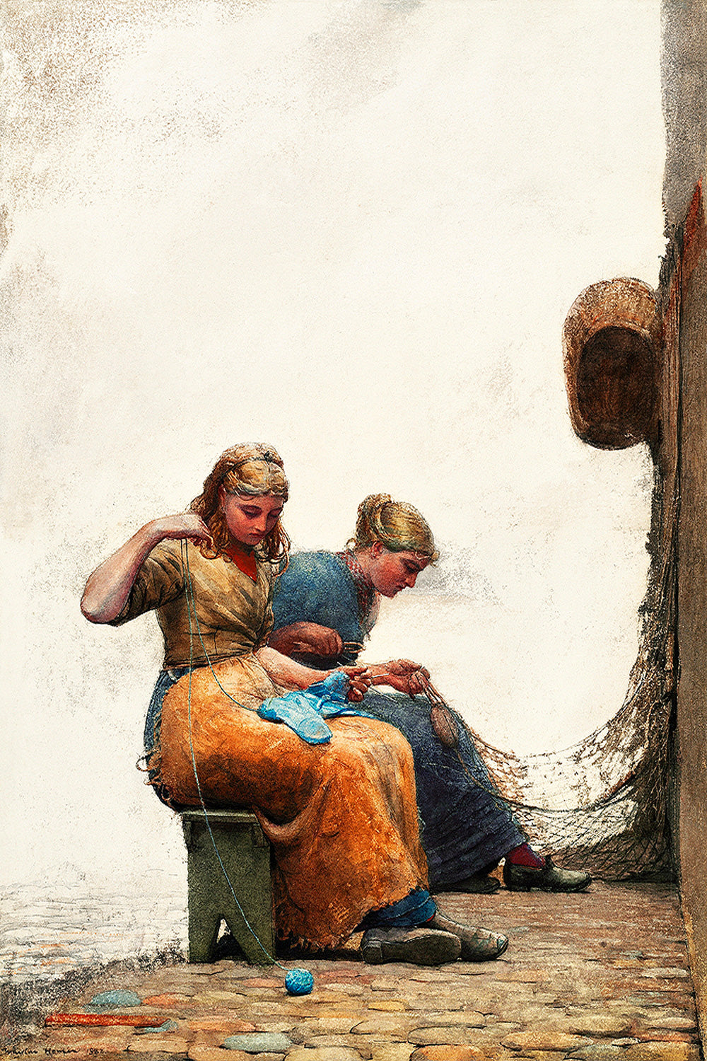 A framed print featuring two individuals mending fishing nets, with a predominantly orange and blue color scheme.