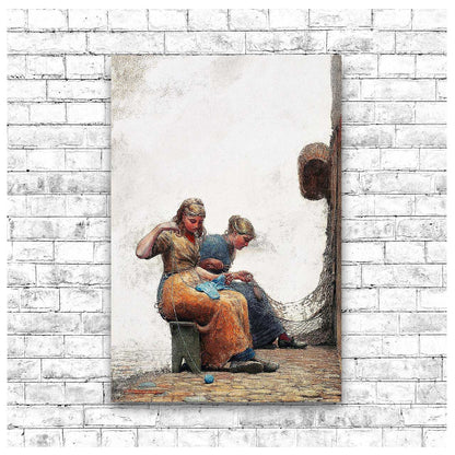 A framed print featuring two individuals mending fishing nets, with a predominantly orange and blue color scheme.