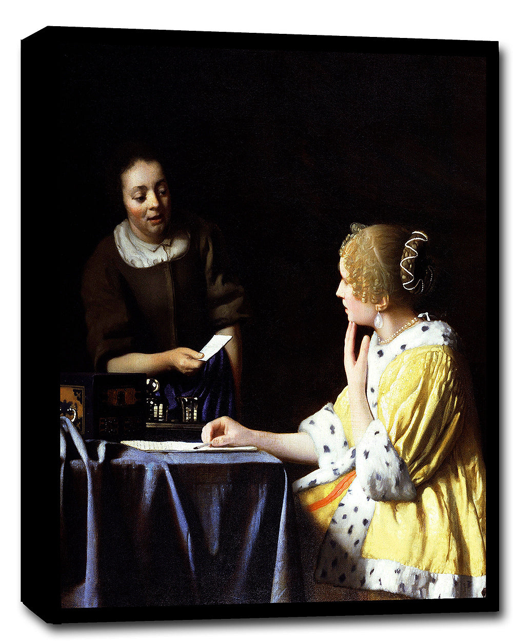 A printed art piece featuring two women, one in black and one in yellow, in a room with a blue tablecloth.
