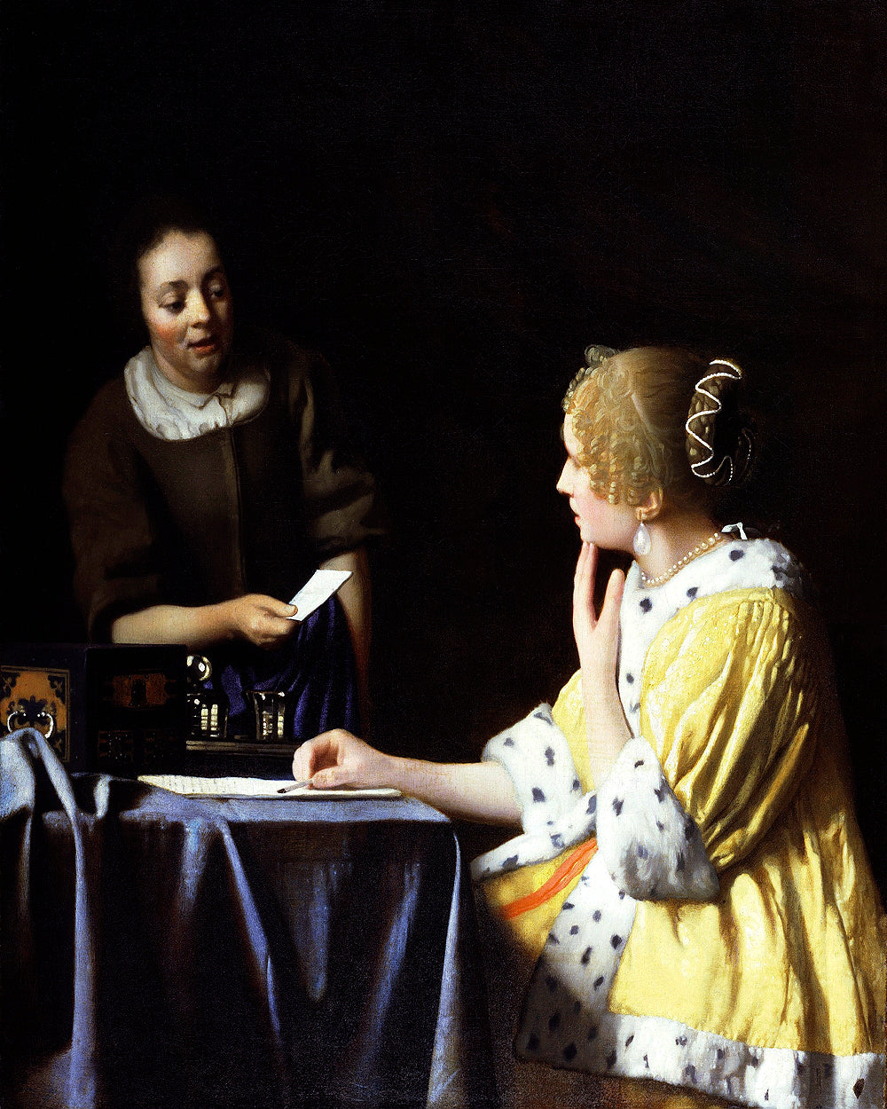 A printed art piece featuring two women, one in black and one in yellow, in a room with a blue tablecloth.