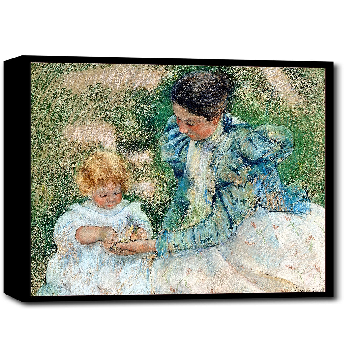 A framed print featuring a painting of a mother and child by Mary Cassatt, with a black border around the image.