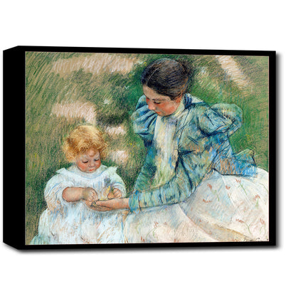 A framed print featuring a painting of a mother and child by Mary Cassatt, with a black border around the image.