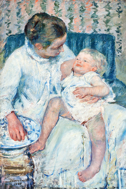 A framed print depicting a mother and her child in a tender interaction, with options for mounting or framing the artwork.