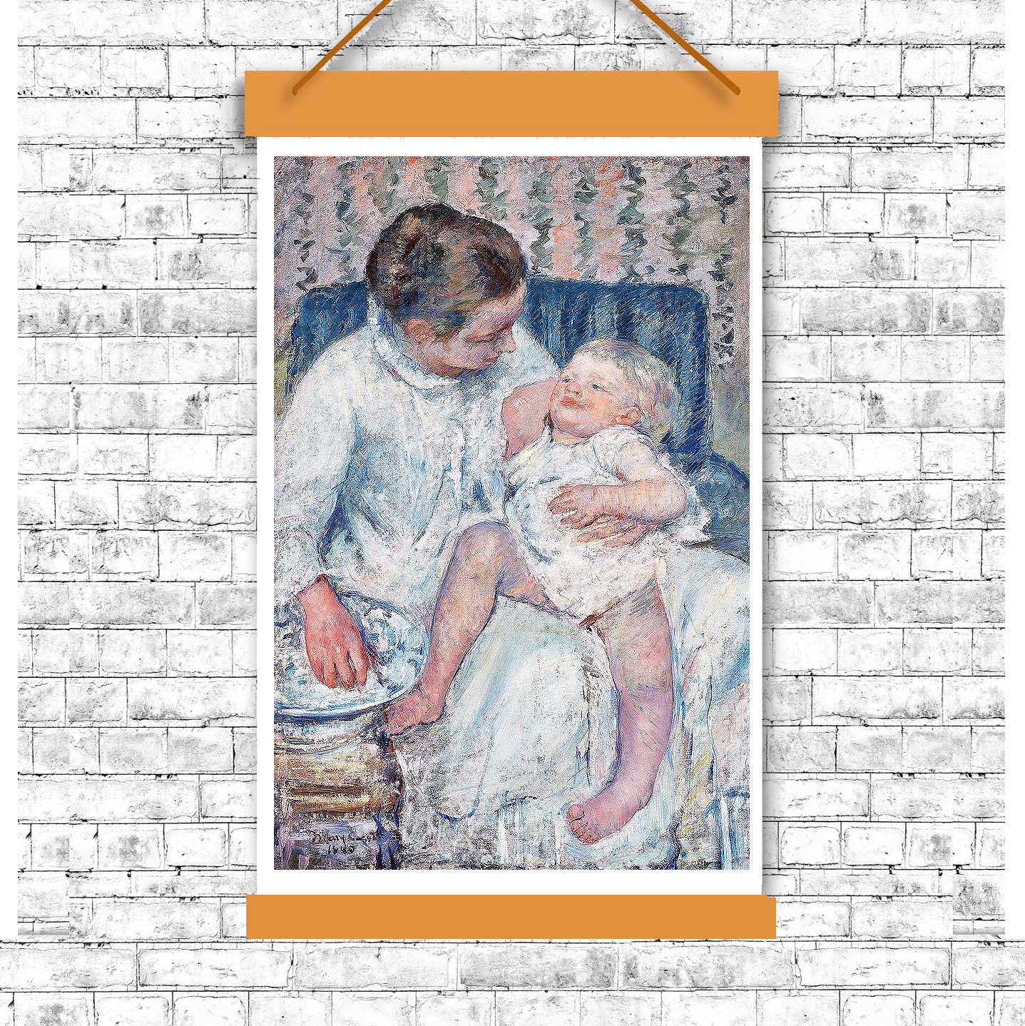 A framed print depicting a mother and her child in a tender interaction, with options for mounting or framing the artwork.