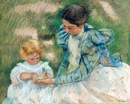 A framed print featuring a painting of a mother and child by Mary Cassatt, with a black border around the image.
