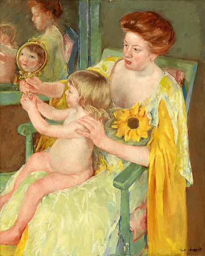 A painting featuring a mother and child, with the child holding a sunflower. The image has a yellow and green color scheme, and is framed in a simple black frame.