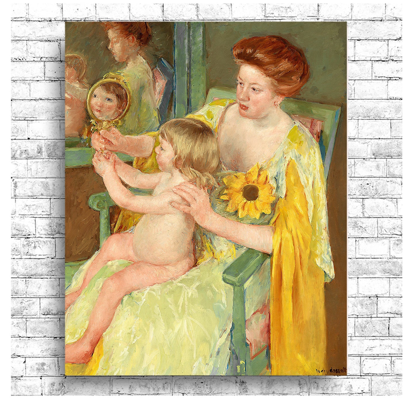 A painting featuring a mother and child, with the child holding a sunflower. The image has a yellow and green color scheme, and is framed in a simple black frame.