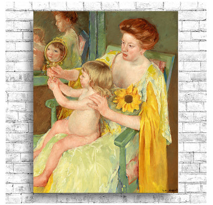 A painting featuring a mother and child, with the child holding a sunflower. The image has a yellow and green color scheme, and is framed in a simple black frame.