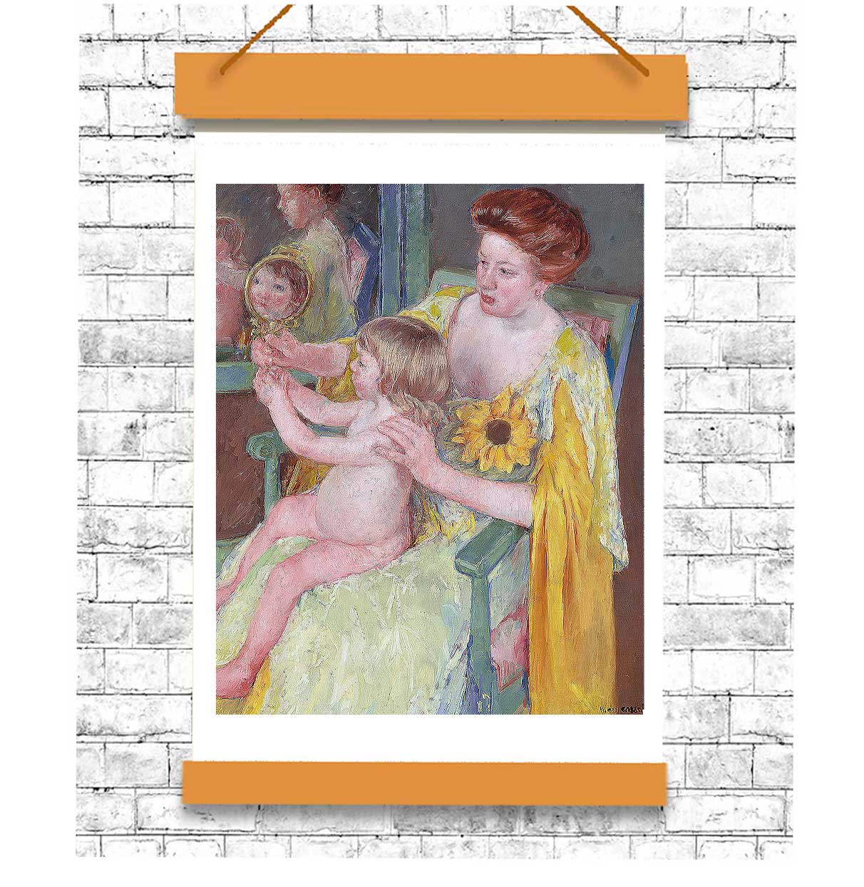 A painting depicting a mother and her child, with the child sitting up from a nap. The image has a visible border and is presented in a framed style.