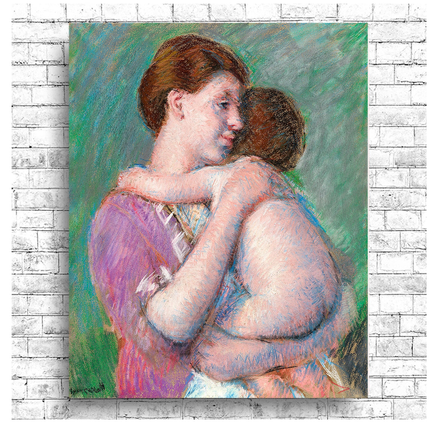 A framed painting depicting a mother embracing her child, with soft, muted colors and a focus on the emotional connection between the two figures.