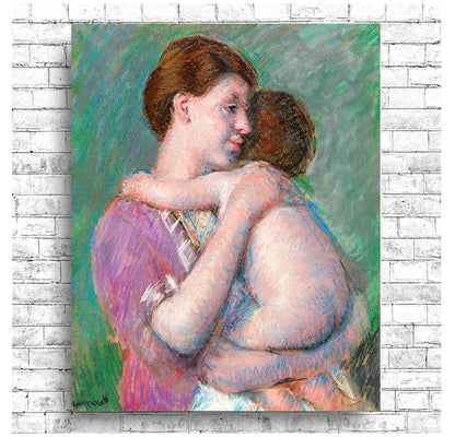 A framed painting depicting a mother embracing her child, with soft, muted colors and a focus on the emotional connection between the two figures.