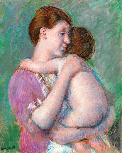 Painting of two women embracing with a colorful background