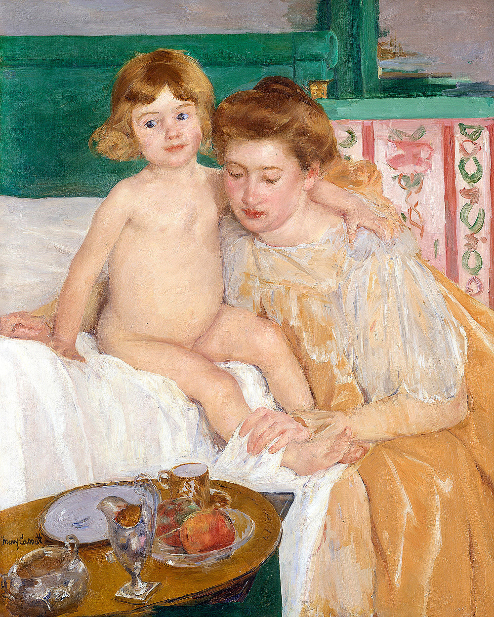 A painting depicting a mother and her child, with the child sitting up from a nap. The image has a visible border and is presented in a framed style.