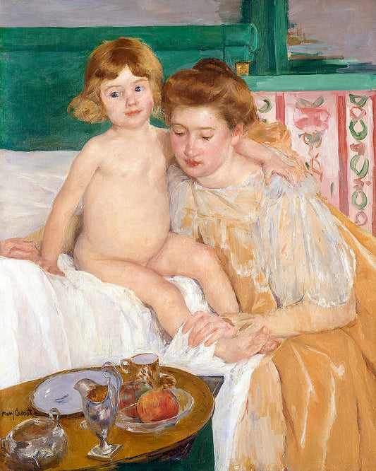 A painting depicting a mother and her child, with the child sitting up from a nap. The image has a visible border and is presented in a framed style.