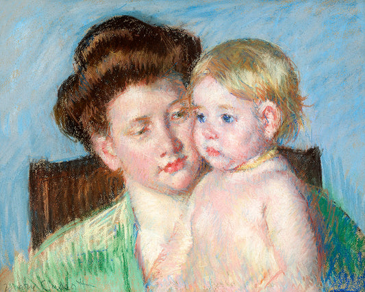 A framed print featuring a mother and child, with options to mount or frame the artwork, showcasing a gentle and intimate painting style.