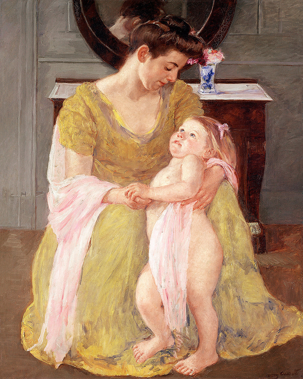 A framed print of a painting depicting a mother and child with a rose scarf, with a choice of accent colors for the border.