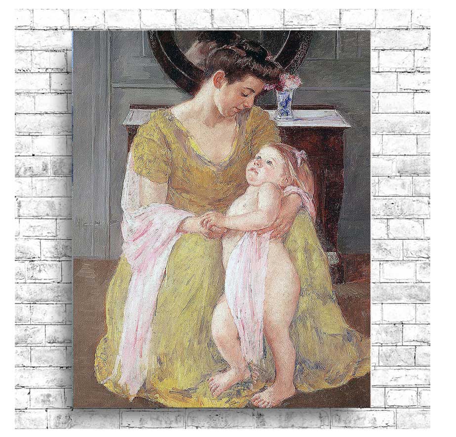 A framed print of a painting depicting a mother and child with a rose scarf, with a choice of accent colors for the border.