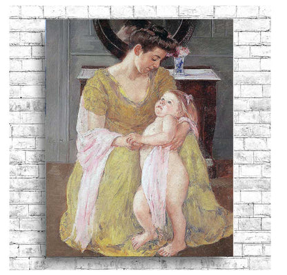 A framed print of a painting depicting a mother and child with a rose scarf, with a choice of accent colors for the border.