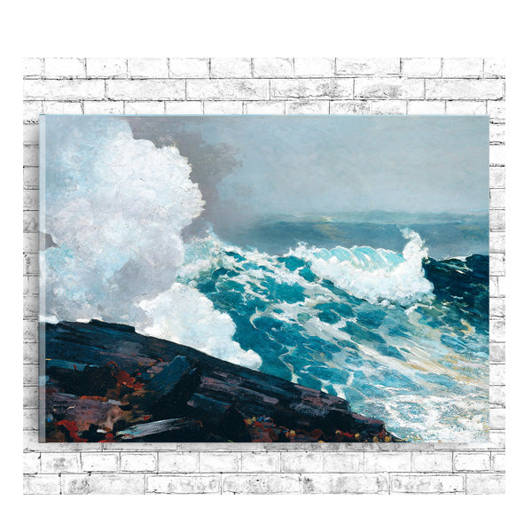 A framed print of a Winslow Homer painting depicting a stormy sea with large waves.