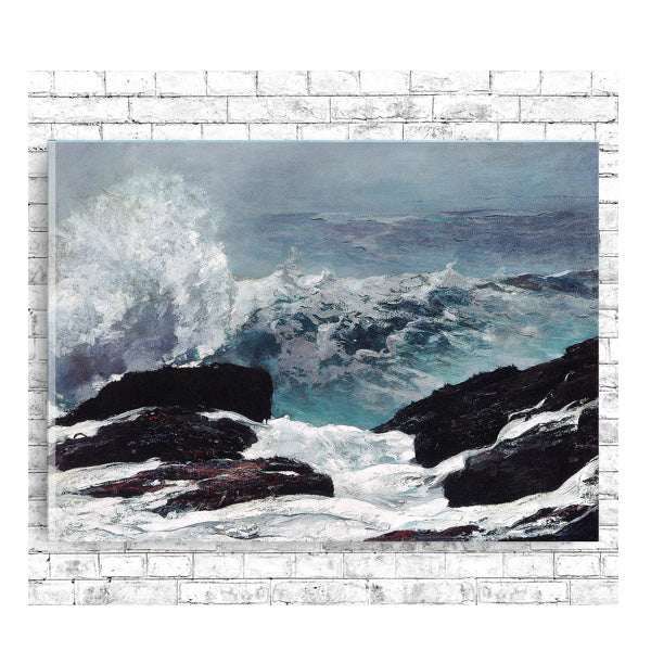 A printed art piece featuring a stormy sea with rocks and waves, framed in a black frame.
