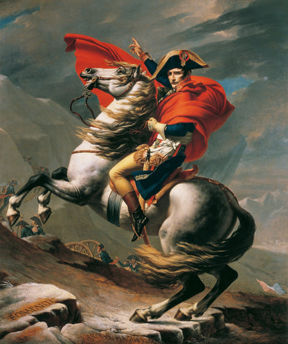 A classical painting depicting a historical figure, Napoleon, in red attire, mounted on a galloping horse with a mountainous background. The image appears to be filtered to enhance certain visual aspects.