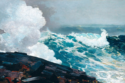 A framed print of a Winslow Homer painting depicting a stormy sea with large waves.