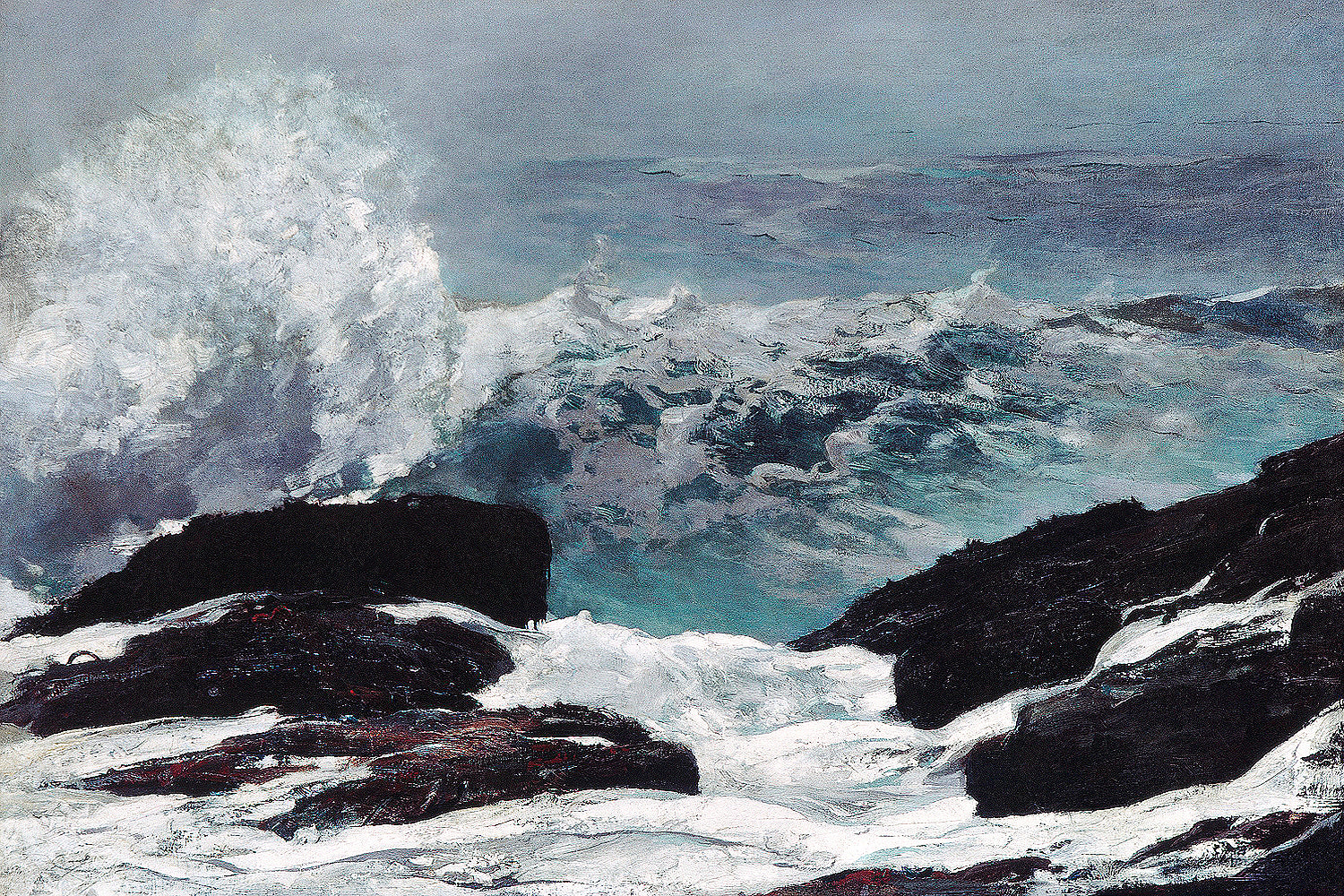 A printed art piece featuring a stormy sea with rocks and waves, framed in a black frame.