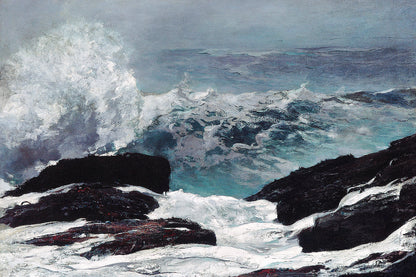 A printed art piece featuring a stormy sea with rocks and waves, framed in a black frame.