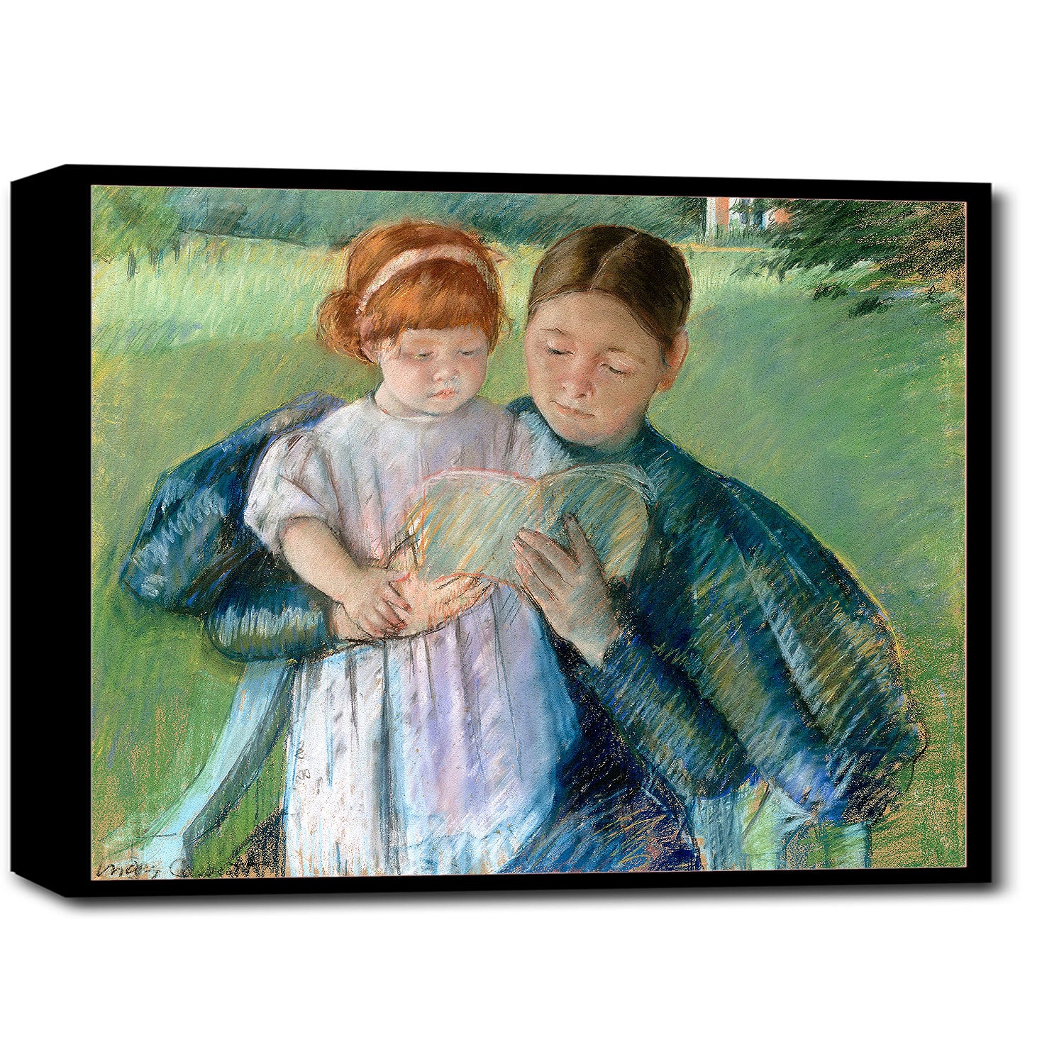 A framed print depicting two young girls, one holding a book, with a focus on soft, muted colors.