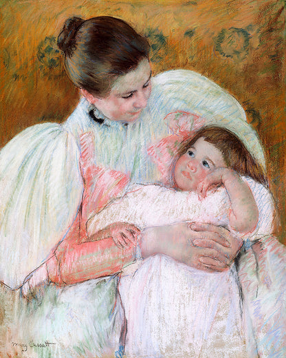 A painting featuring a mother holding her child, with soft, gentle lines and a warm color palette, framed in a simple black frame.