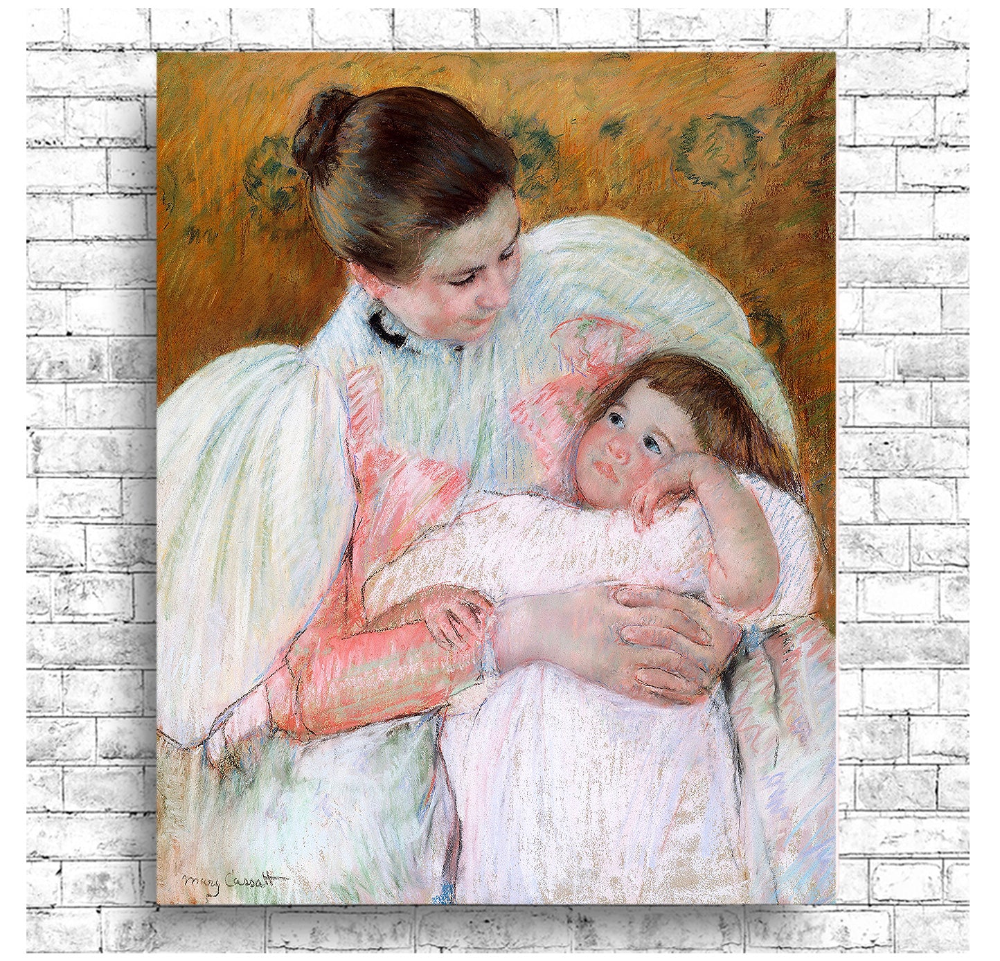 A painting featuring a mother holding her child, with soft, gentle lines and a warm color palette, framed in a simple black frame.
