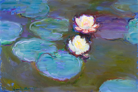 A printed art piece featuring two waterlilies on a pond, with a signature in the bottom right corner, presented in landscape orientation.