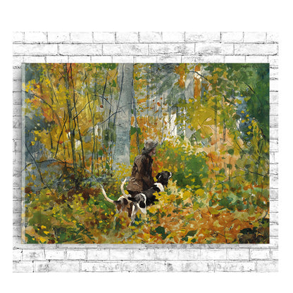 A framed print featuring a painting with a person and a dog in a woodlands setting, with autumn colors.