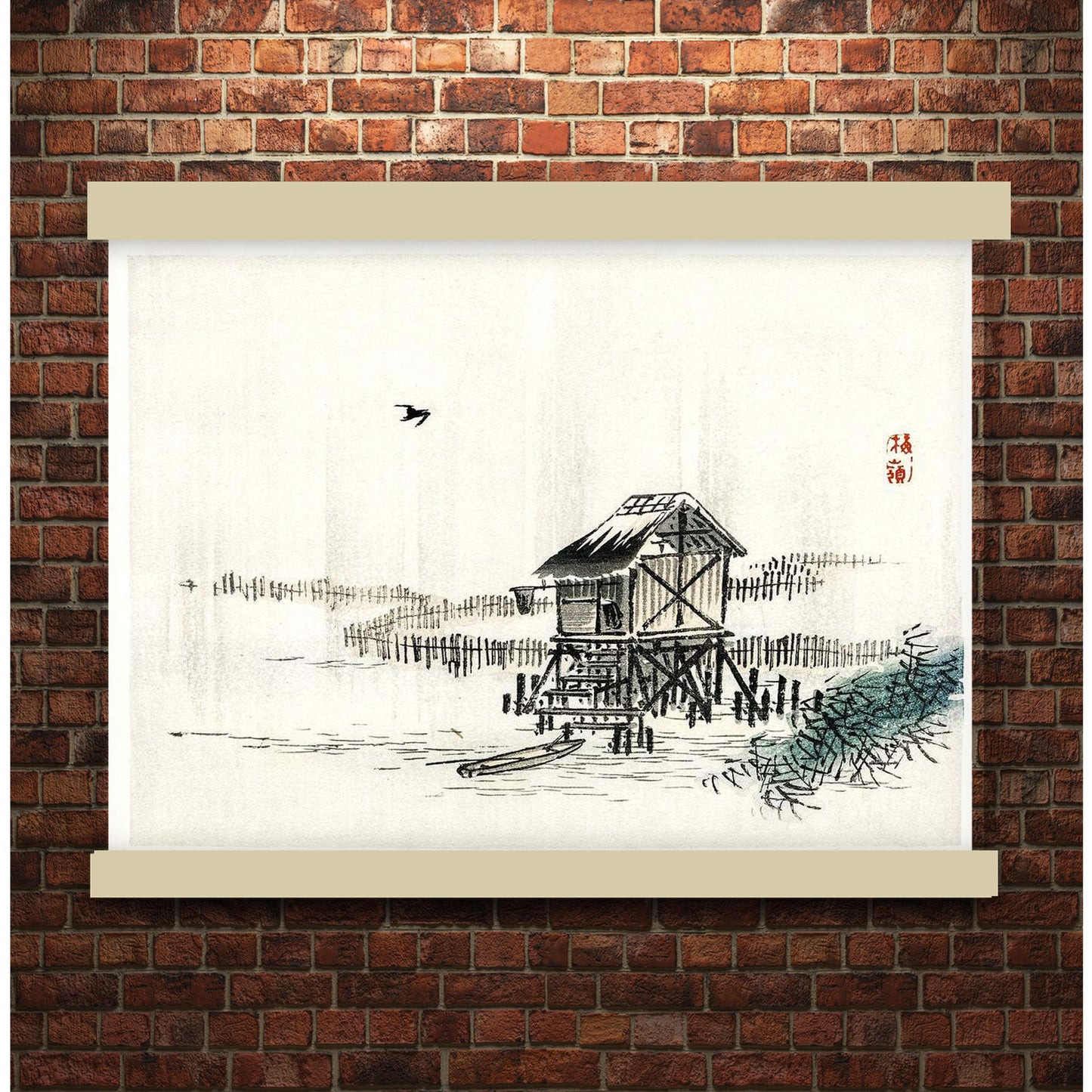 Cottage in the river by Kōno Bairei (1913) | Hanging Canvas Art | Choice of Board Colors