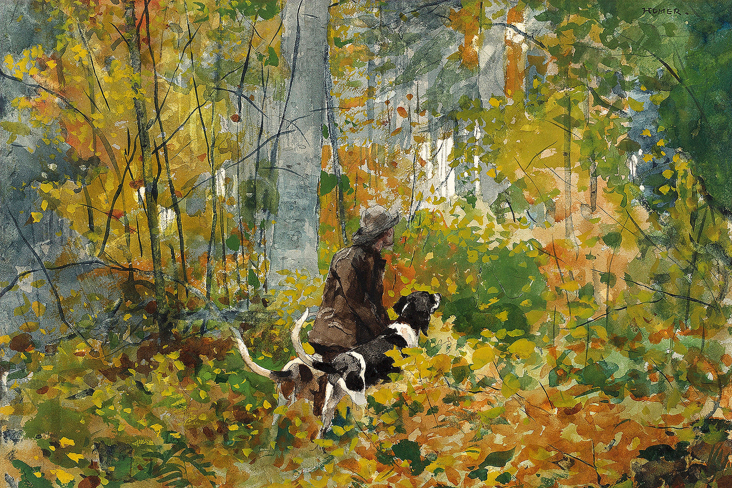 A framed print featuring a painting with a person and a dog in a woodlands setting, with autumn colors.