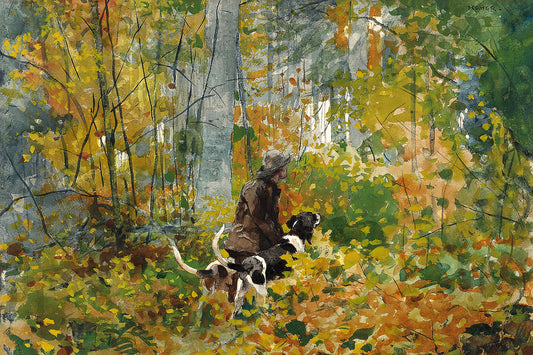 A framed print featuring a painting with a person and a dog in a woodlands setting, with autumn colors.