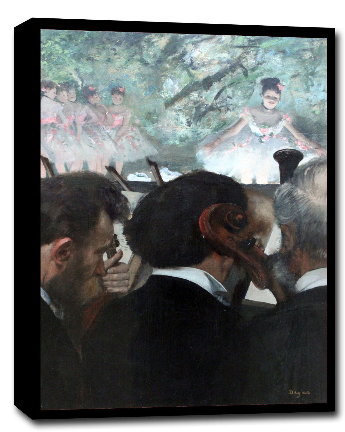 A framed print of 'Orchestra Musicians (1872)'' by Edgar Degas, depicting an indoor scene with a focus on the backs of several men in the foreground, with a blurred image of women on stage in the background.