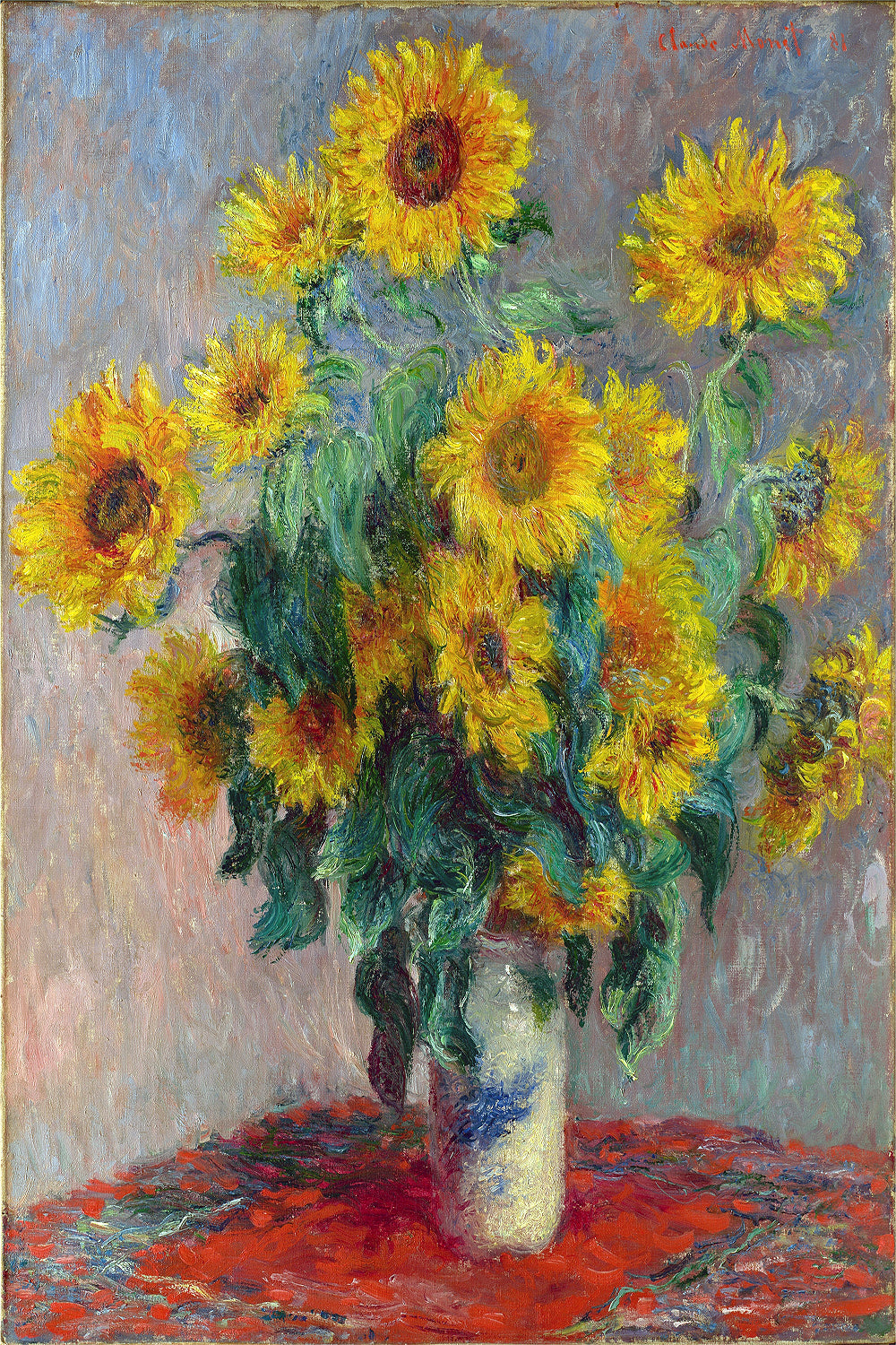 A framed print of 'Flowers (1880)' by Claude Monet, depicting a bouquet of sunflowers in a vase on a tablecloth.