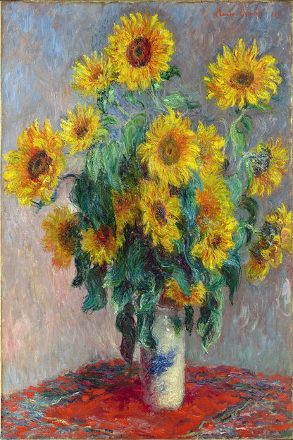 A framed print of 'Flowers (1880)' by Claude Monet, depicting a bouquet of sunflowers in a vase on a tablecloth.